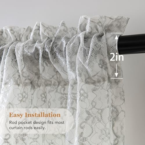 PearAge Lace Sheer Curtains for Living Room, 63 Inch Length, Elegant Lace-Style Voile Drapes for Bedroom, Kitchen or Dining Room, 42W x 63L Inch, 2 Panels Grey - color: Grey