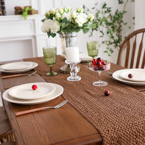 Simple&Opulence Boho Macrame 100% Cotton Table Runner - 12 x 60 Inch, Woven Farmhouse Table Runner with Fringed Edges for Bohemian Rustic Wedding, Bridal Shower, Dinner （Brown） - size: 12"x60", style: Cotton / Brown