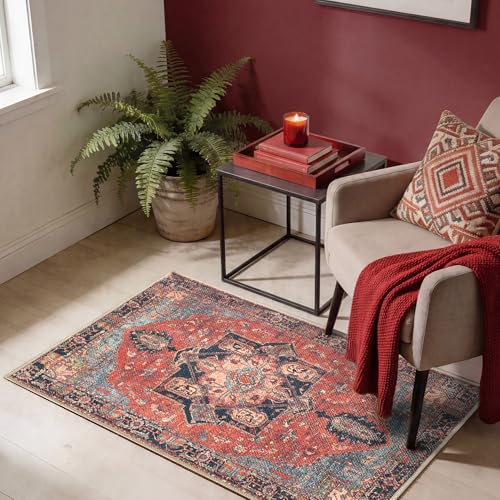 Keen Home Design Vintage Washable Entryway Rug, Non-Slip Low Pile, 2x3 - color: Navy Blue/Red, size: 2' x 3' (Rectangular)