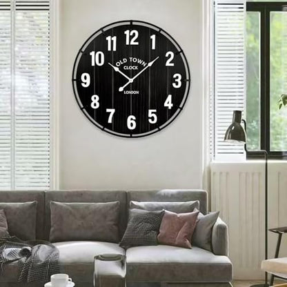 EMAX HOME Large Old Town Farmhouse Black Wall Clock 30 Inch Rustic Antique Wood with Metal Circle and Large Numerals Silent Battery Operated Wall Clock for Office Kitchen Bedroom Living Room - color: Black, size: 30 Inch