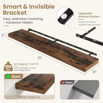 72 Inch Long Floating Shelves for Wall Set of 1, 12"D Wood Grain Shelves - color: Rustic Brown, size: 72"Wx12"Dx2"H, 1P