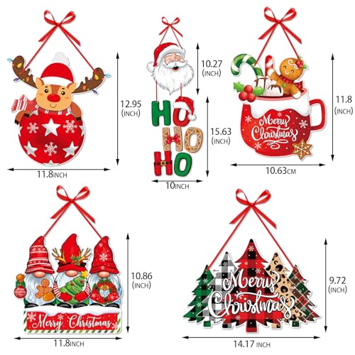 Merry Christmas Home Front Porch Door Hanger Decor Red Green Party Paper Signs Banners Tree Elk Snowman Santa Claus Wall Hanging Indoor Decorations - color: Christmas Door Hanger 5pcs