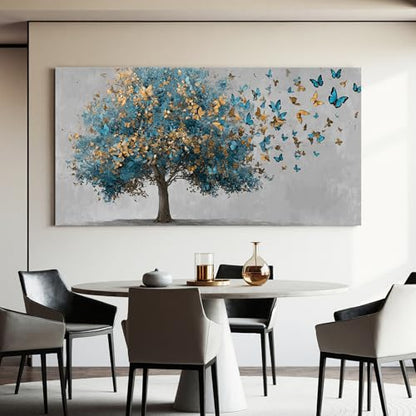 YISXINOAG Blue Gold Tree of Life Wall Art Butterfly Landscape Print 29"X58" - color: grey green, size: 58"L x 29"W