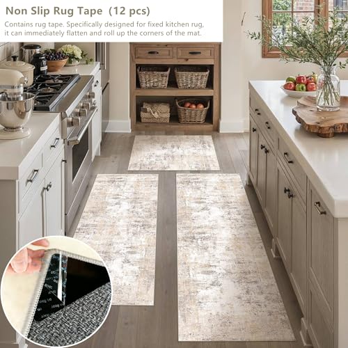 Washable Beige Grey Neutral Kitchen Runner Rug Set of 3 - color: Abstract | Beige Grey, size: 20"x32"+20"x48"+20"x59"