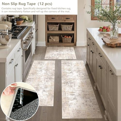 Washable Beige Grey Neutral Kitchen Runner Rug Set of 3 - color: Abstract | Beige Grey, size: 20"x32"+20"x48"+20"x59"