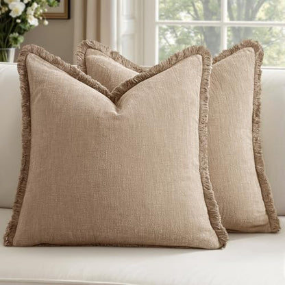 Linen Fringe Throw Pillow Covers 18x18 Inch Set of 2,Camel - color: Camel, size: 18" x 18" (Pack of 2)