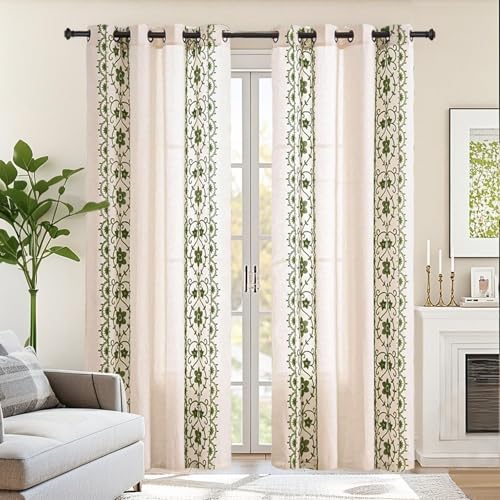 Green Farmhouse Floral Linen Curtains 90 Inches Grommet 2 Panels - color: Sage on Beige, size: 52"W x 90"L (Pack of 2)