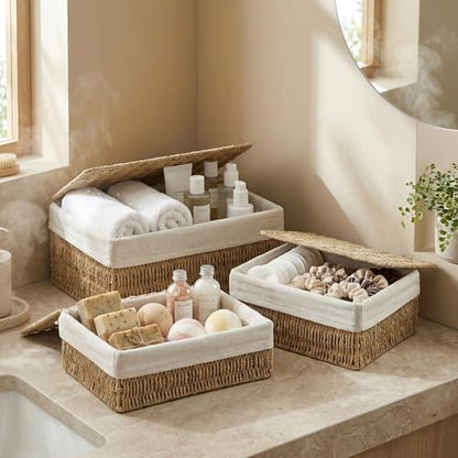 Large Storage Baskets with Lid Set of 3, Woven Bins with Liner - size: Large with Lids