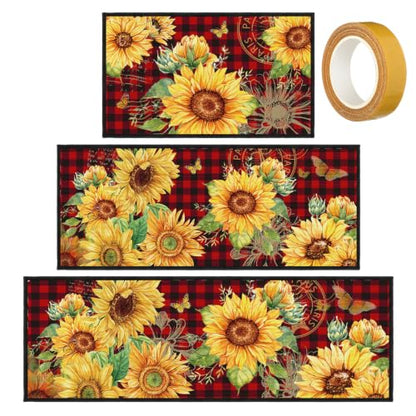 Fourluoo 3 Pcs Sunflower Kitchen Rugs and Mats Set Red Black Buffalo Plaid - color: Red Black Buffalo Plaid