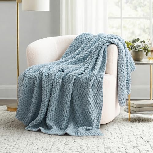 EVERGRACEHOME Chunky Chenille Knit Throw Blanket, 60 x 80, Chambray Blue - color: Chambray Blue, size: 60" X 80"