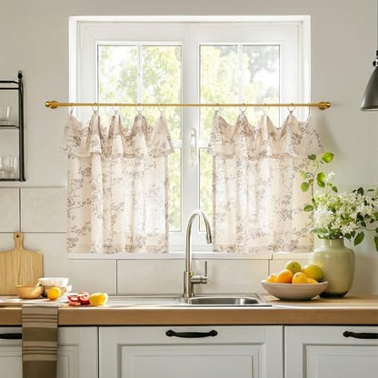 jinchan Taupe Floral Kitchen Tier Curtains with Valance, 24 Inch, 2 Panels - color: Alisa Taupe, size: 30"W x 24"L (Pack of 2)