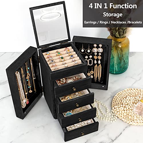 Meangood Jewelry Box Wood for Women, 5-Layer Large Organizer Box with Mirror & 4 Drawers for Rings, Earrings, Necklaces, Black - color: Black, size: 4-Drawer