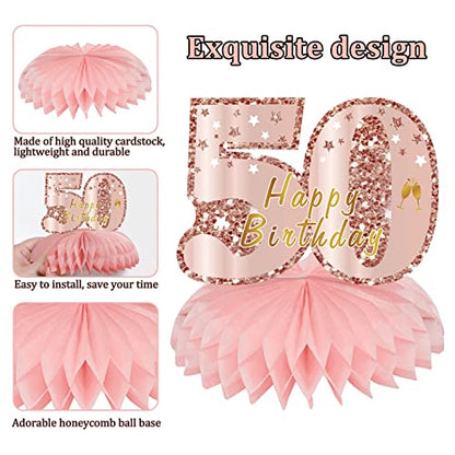Turypaty Happy 50th Birthday Honeycomb Table Centerpieces Decorations Women - style: Pink Rose Gold 50th