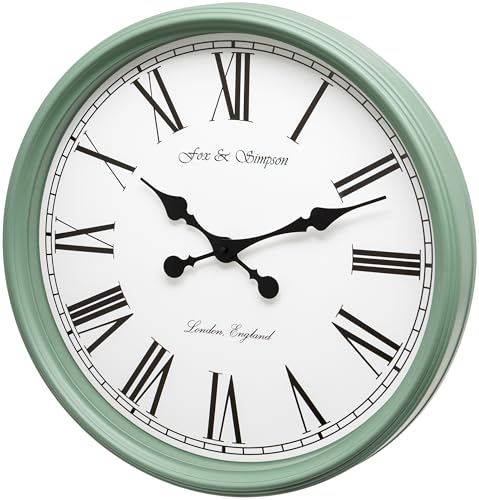Extra Large 50cm in Green Wall Clock - 20 Inch Silent Non Ticking Wall Clocks for Living Room, Vintage Farmhouse Train Station Design with Black Roman Numerals, Over Fireplace Clock - color: Duck Egg Green