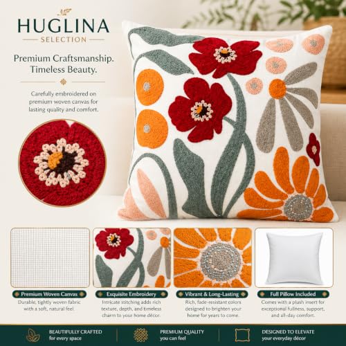 Selection Throw Pillow with Insert Included, 18x18 Inch Ivory White Woven Canvas Decorative Pillow, Colorful Floral Embroidery, Hidden Zipper, Farmhouse Boho Botanical Couch Sofa Bed Pillow