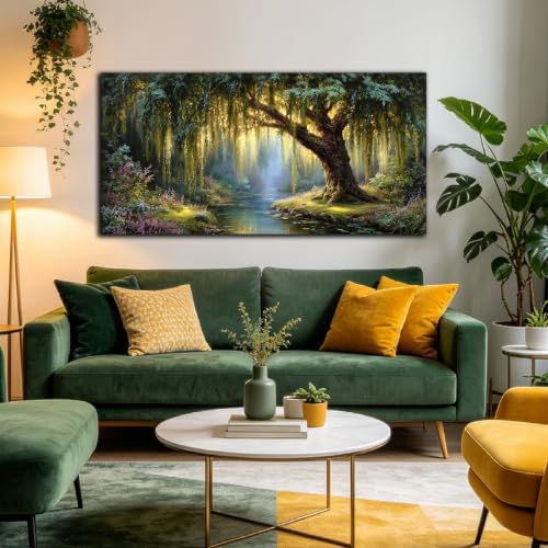 MXUNYZ Green Willow Tree Picture for Living Room Botanical Nature Painting - color: Green, size: 48"L x 24"W