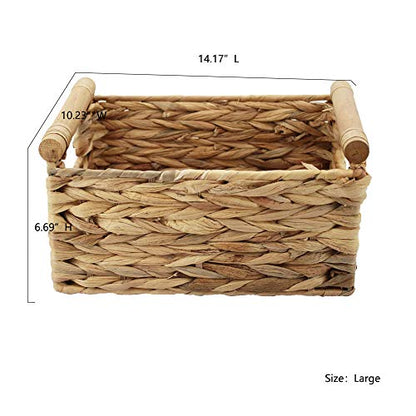 Natural Woven Water Hyacinth Storage Basket with Wood Handles, Large - color: Natural, size: 14.17x 10.23x 6.69