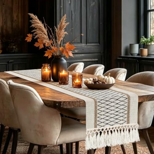 yuboo 72 Inch Boho Farmhouse Table Runner - color: Black&beige, size: 72 inch