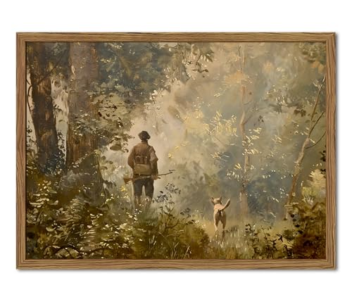 Vintage Hunting Wall Art Cottagecore Country Wall Decor Picture Moody Forest Landscape Poster Painting Canvas Prints for Bedroom Living Room Farmhouse 8x10 inch Wood Framed - color: Hunting, size: 10"L x 8"W