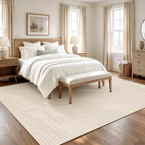Etwel 6x9 Beige Modern Geometric Textured High-Low Pile Washable Area Rug - color: Neutral Beige, size: 6' x 9'