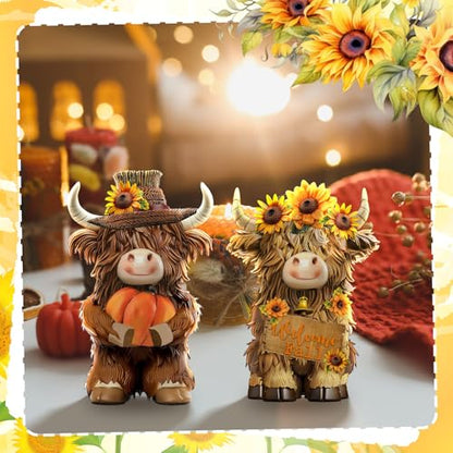 2 Pack Fall Highland Cow Figurines Decor, Resin Fall Table Decor - style: Fall