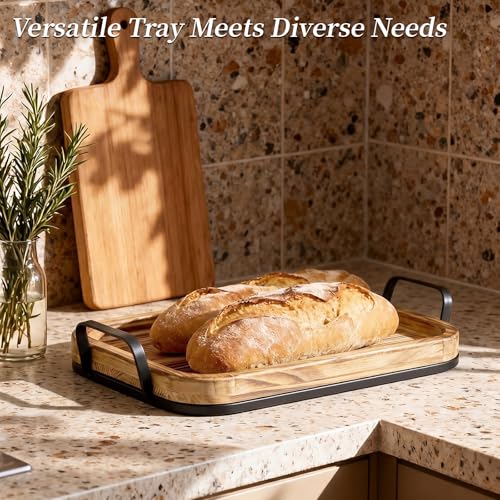 15 Inch Wood Serving Tray with Metal Handles, Sturdy Ottoman Tray - size: 15.3" x 9.3" x 2.5"