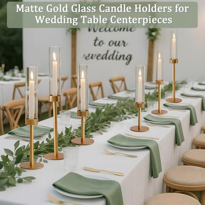 6Pcs Hurricane Glass Candle Holders Gold Candlestick Holders Taper Candle Holder with 9.8" Windproof Clear Cylinder Covers for Outdoor Indoor Tall Candle Stick Holder Decor for Wedding Party Fireplace