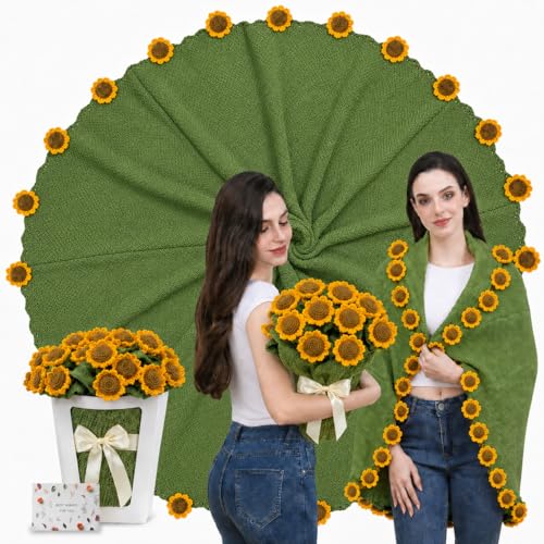 Sunflower Crochet Flower Bouquet Blanket, Handmade Knitted Throw Blanket - color: Green Sunflower, size: Large
