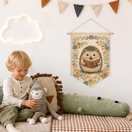 Cute Hedgehog Reading Book Woodland Nursery Decor Wall Hanging Flag - color: 01-Cute Hedgehog Reading Book(Beige)