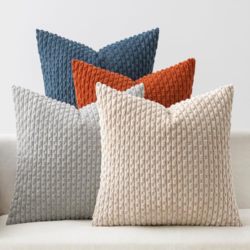 MIULEE Blue Orange Decorative Throw Pillow Covers for Couch Living Room 18x18 Inch Soft Pillow Cases Set of 4 Boho Striped Corduroy Farmhouse Cushion Covers Home Decor for Sofa Bed - color: Blue and Orange
