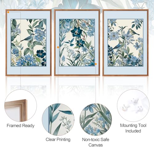 Aurlan 3 Pcs Blue Birds Flowers Framed Canvas Wall Art 24x36 Inch - color: Blue Birds on Botanical, size: 24"L x 36"W
