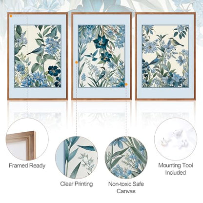 Aurlan 3 Pcs Blue Birds Flowers Framed Canvas Wall Art 24x36 Inch - color: Blue Birds on Botanical, size: 24"L x 36"W
