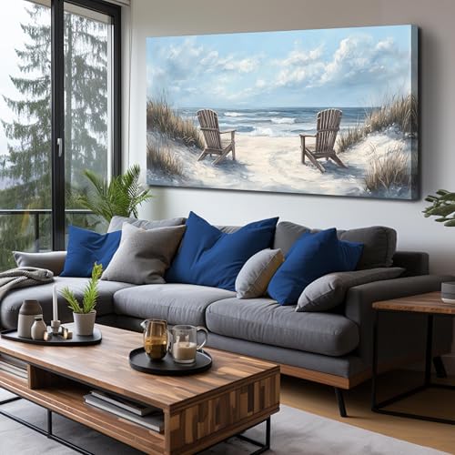 Ouzzlie Landscape Wall Art White Canvas Art for Living Room - color: Light Blue, size: 59"L x 29"W