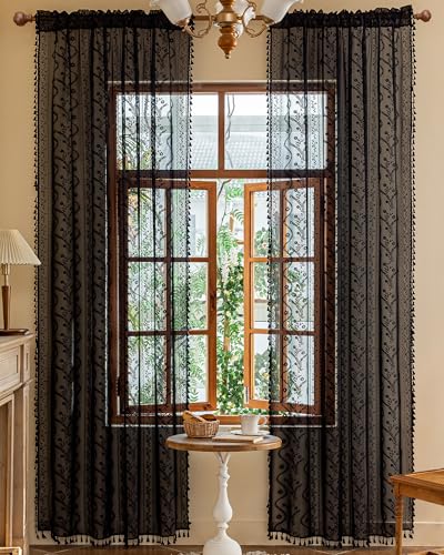WAZZIO Boho Sheer Curtains 2 Panels,Victorian Lace Drapes,Black,W52 x L84 - color: Black, size: 52"W x 84"L (Pack of 2)