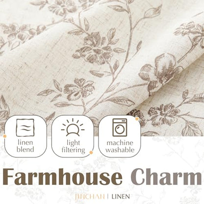 jinchan Taupe Floral Kitchen Tier Curtains Alisa 24 Inches Tie Top 2 Panles - color: Alisa Taupe on Linen, size: 26"W x 24"L (Pack of 2)