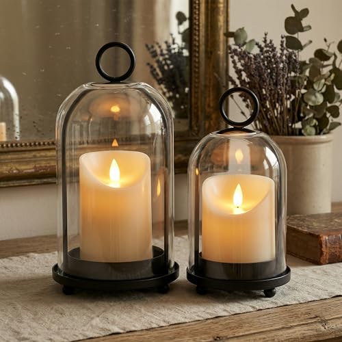 Hurricane Candle Holders Set of 2-10" & 7.8" Black Metal Base with Glass Dome, Includes 2 Pillar Candles, Hanging or Tabletop Centerpiece (Batteries Not Included)
