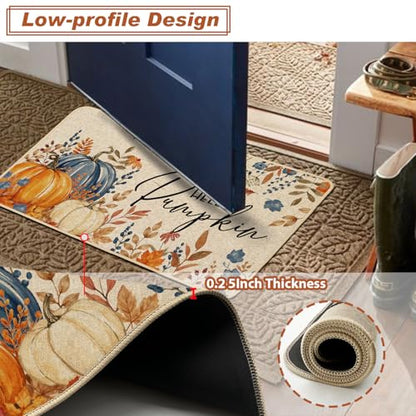 Baccessor Fall Pumpkin Kitchen Rugs Set of 2, 17x29 and 17x47 Inch - color: Blue Floral