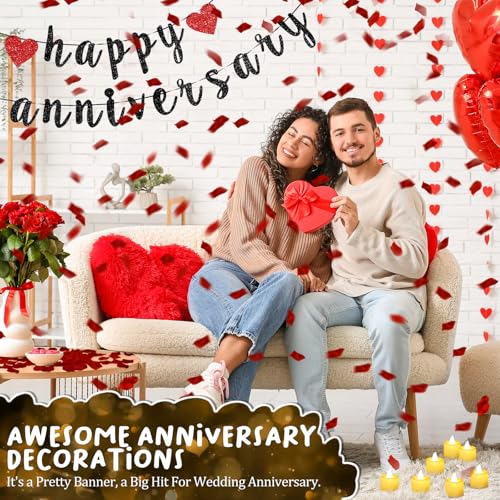Retisee Red Anniversary Decorations Happy Anniversary Banner Sign Romantic Feliz Aniversario Party Decoration Glitter Banner with 24pcs LED Candles 2000pcs Rose Petals for Home Party Night Wedding