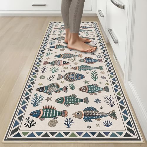 Fish Ocean Runner Rug 2x6 for Hallway Bedroom Coastal Kitchen Rugs Low Pile - color: Fish, size: 2'x6' (Runner)
