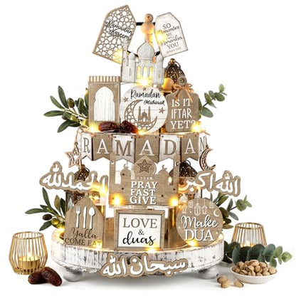 Shellwei 20 Pcs Eid Mubarak Tiered Tray Decor Ramadan Mubarak Table Decor Rustic Wooden Tabletop Signs for Home Black and Gold Muslim Islam Centerpiece for Islamic Gifts Kareem Home Table - style: Ramadan