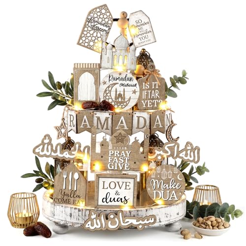 Shellwei 20 Pcs Eid Mubarak Tiered Tray Decor Ramadan Mubarak Table Decor Rustic Wooden Tabletop Signs for Home Black and Gold Muslim Islam Centerpiece for Islamic Gifts Kareem Home Table - style: Ramadan