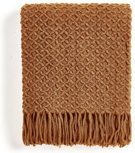 CREVENT Farmhouse Boho Knitted Throw Blanket for Couch Sofa Chair Bed Home Decoration, Soft Warm Cozy Light Weight for Spring Summer Fall (50''X60'' Caramel/Rust Burnt Orange) - color: Burnt Orange, size: 50inchx60inch