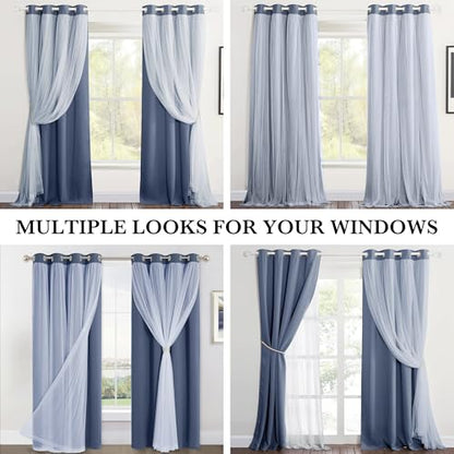 PONY DANCE Dusty Blue Blackout Curtains with White Sheer for Girls Bedroom - color: Blue Haze, size: 52"W x 72"L (Pack of 2)