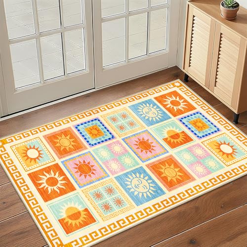 Sun Rug 2x3 for Entryway Indoor Mat, Boho Sun Entrance Rugs Patchwork Machine Washable Rug Non-Slip Printed Low-Pile Entry Floor Carpet Doormat for Kitchen Bedroom Bathroom Laundry - color: Sun, size: 2'x3'