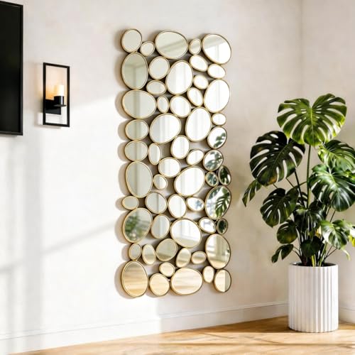 Gold Wall Mirrors Decorative - 51"x23" Large Modern Wall Mirror for Home Decor, 55 Pieces Multi-Size Pebble Design Metal Framed Accent Mirror for Entryway Bedroom Living Room Wall Art Decor - color: Gold, size: 51"L x 23"W