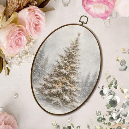 JQF Rustic Winter Snowy Christmas Tree Oval Wall Decor Framed 8.5x11.5 Inch - color: christmas tree-7