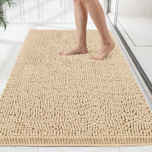 Bathroom Rugs Mat 60 x 36, Thick Soft Absorbent Chenille Bath Rugs, Rubber Backing Bath Mats for Bathroom Floor, Tub, Shower, Bedroom, Home Decor Accessories, Quick Dry Machine Washable, Beige - color: Beige, size: 60" x 36"