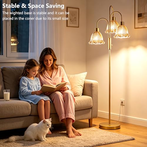 Glass Floor Lamp 3-Light 70" Amber Flower Gold Dimmable Tall Standing Lamps - color: Amber Flower-Gold