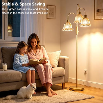 Glass Floor Lamp 3-Light 70" Amber Flower Gold Dimmable Tall Standing Lamps - color: Amber Flower-Gold