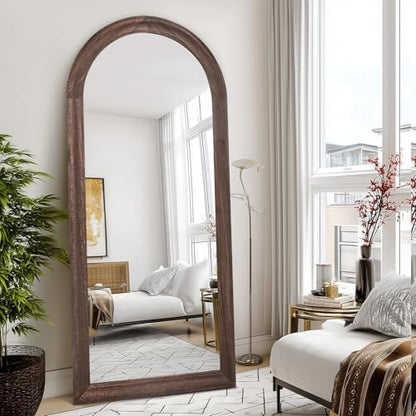 71x32 Solid Wood Arched Full Length Mirror, Elegant Brown Finish - color: Brown-ar Frame, size: 71"L x 32"W